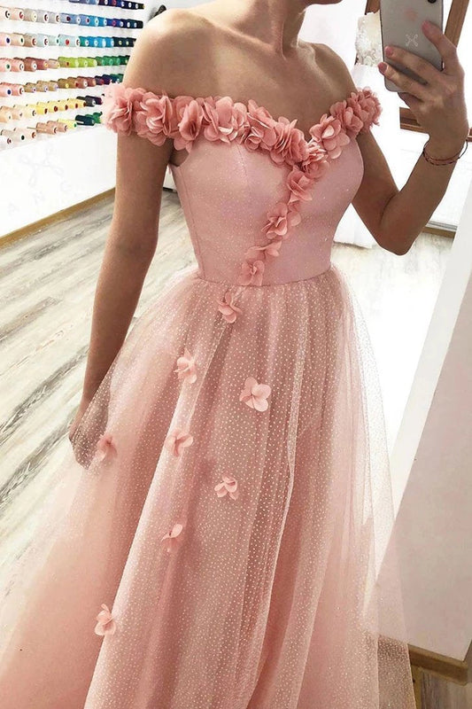 Princess A-line 3D Flowers Off the Shoulder Tulle Glitter Prom Dresses, Sweetheart Dance Dress SRS15287