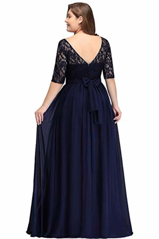 Plus Size Lace Chiffon With Half Sleeves Elegant Long Ball Evening Dress