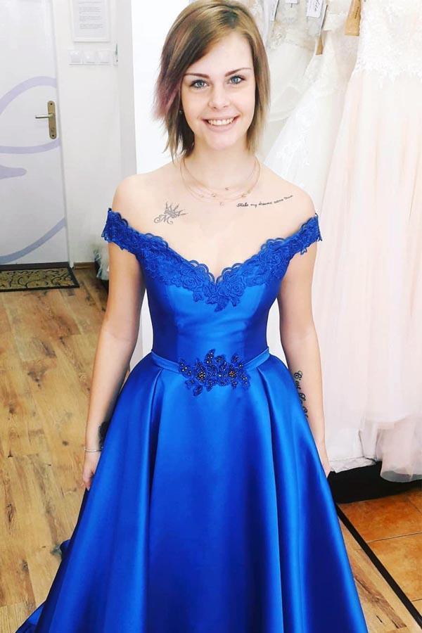 Royal Blue Sweetheart Off the Shoulder Satin Lace up Prom Dresses with Appliques RS682