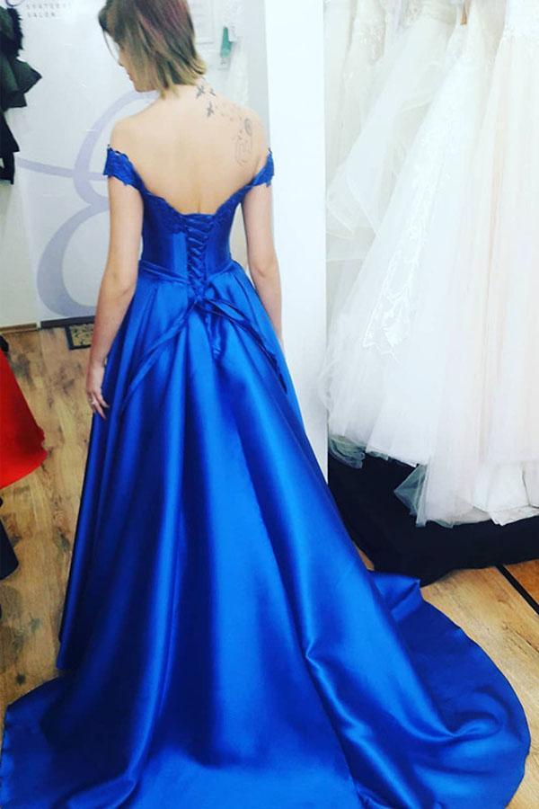 Royal Blue Sweetheart Off the Shoulder Satin Lace up Prom Dresses with Appliques RS682