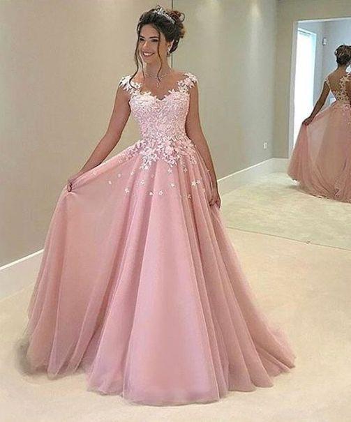Princess pink organza lace A-line long prom dress with straps for teens