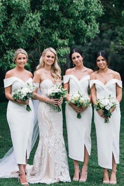 Elegant White Off the Shoulder Split Ankle Length Sheath Bridesmaid Dresses SRS15219