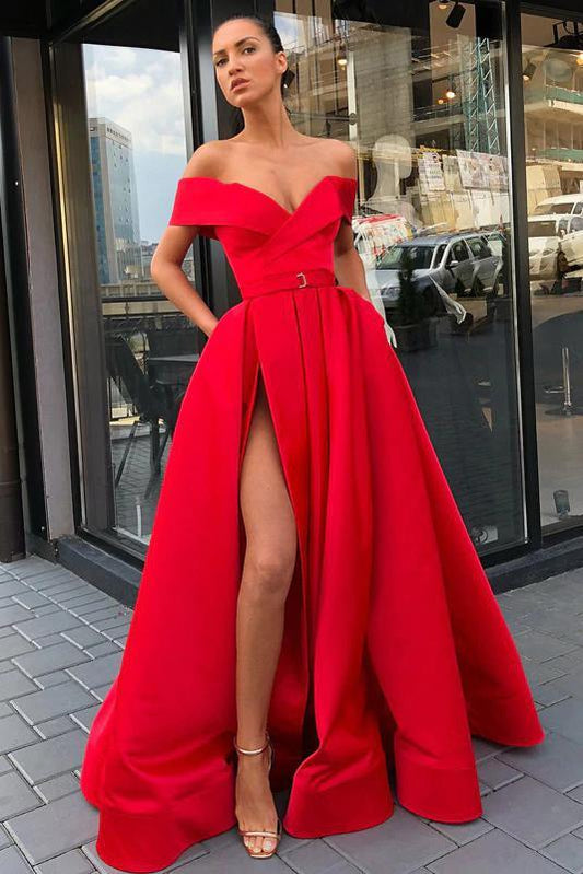 Off the Shoulder Red Satin V Neck Long Prom Dresses, High Slit Party Dresses with Pockets SRS15271