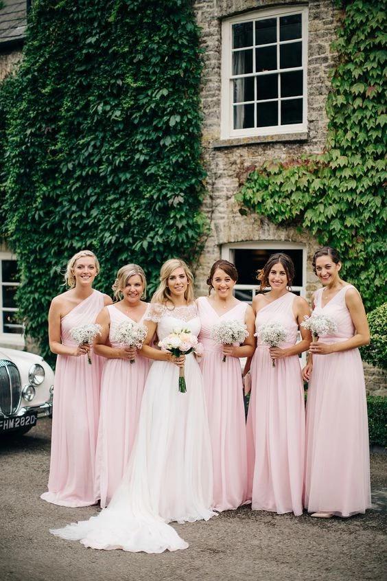 A Line Pink One Shoulder Chiffon Long Simple Bridesmaid Dresses, Wedding Party Dresses SRS15552