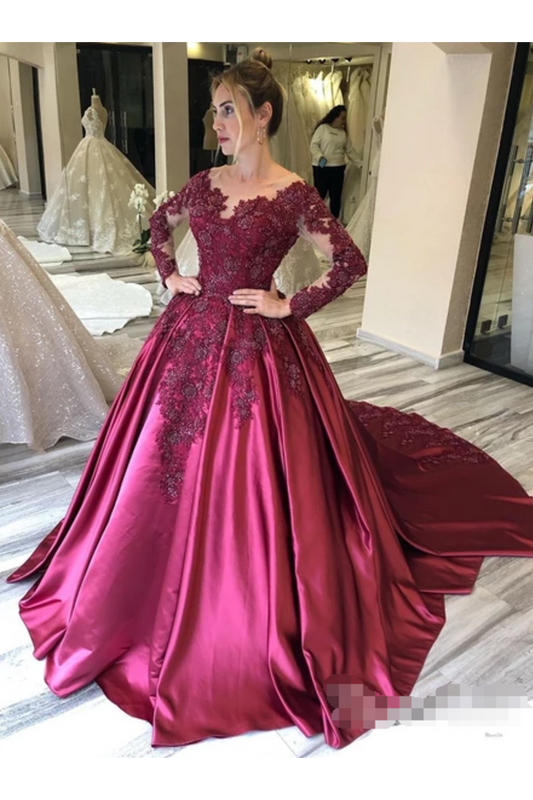 Prom Dress With Long Sleeves And Floral Embroidery Burgundy Colored Court SRSPJ8SLMB9