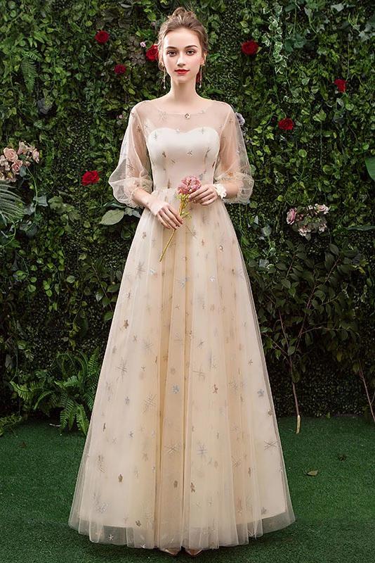 Princess A Line Long Sleeve Tulle Round Neck Evening Dress with Appliques, Prom Gowns SRS15283
