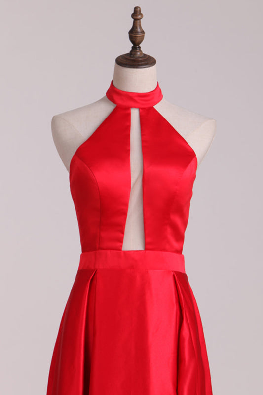 New Arrival Halter A Line Evening Dresses Satin Sweep SRSPXRSZSBM