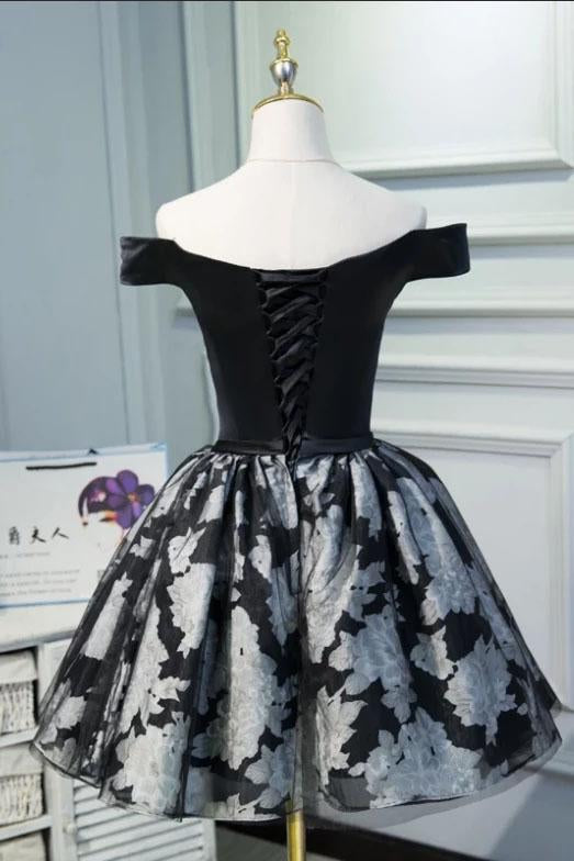 Black Satin Off the Shoulder Cute Homecoming Dresses Short Prom Dress Hoco Gowns SRS14967