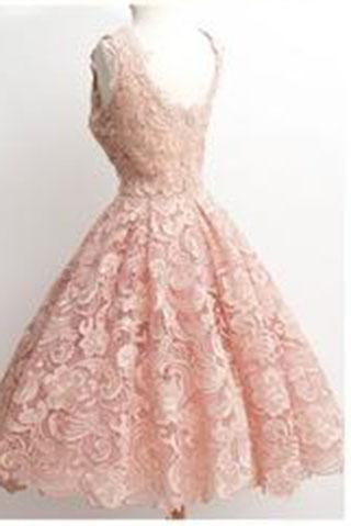 Vintage A-line Scalloped-Edge Knee-Length Lace Light Pink Prom Homecoming Dress RS874