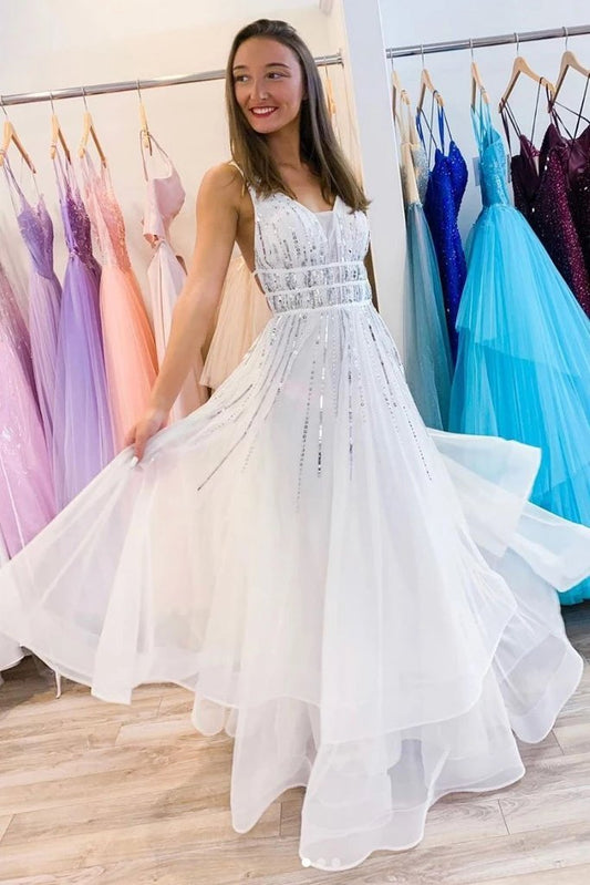 Puffy White V Neck Tulle Sequins Long Prom Dress A Line Backless Evening Dresses SRS15313