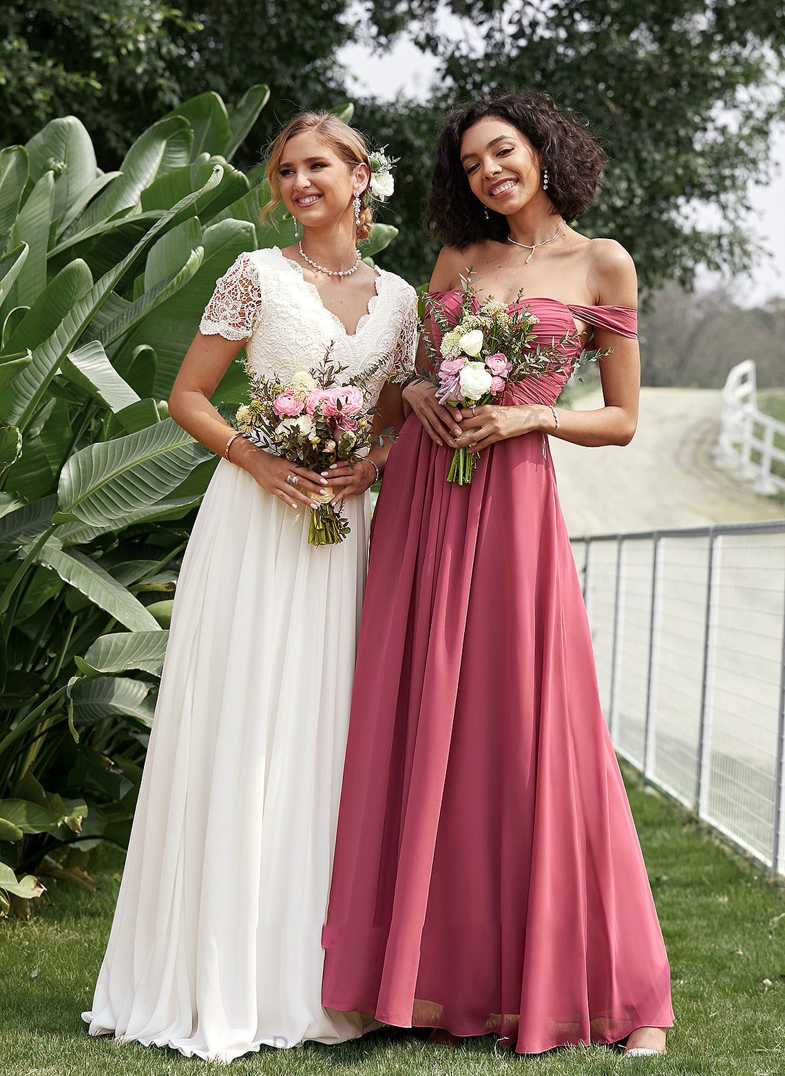 A-Line Ruffle Floor-Length Off-the-Shoulder Length Silhouette Neckline Fabric Embellishment Briley Natural Waist Spaghetti Staps Bridesmaid Dresses