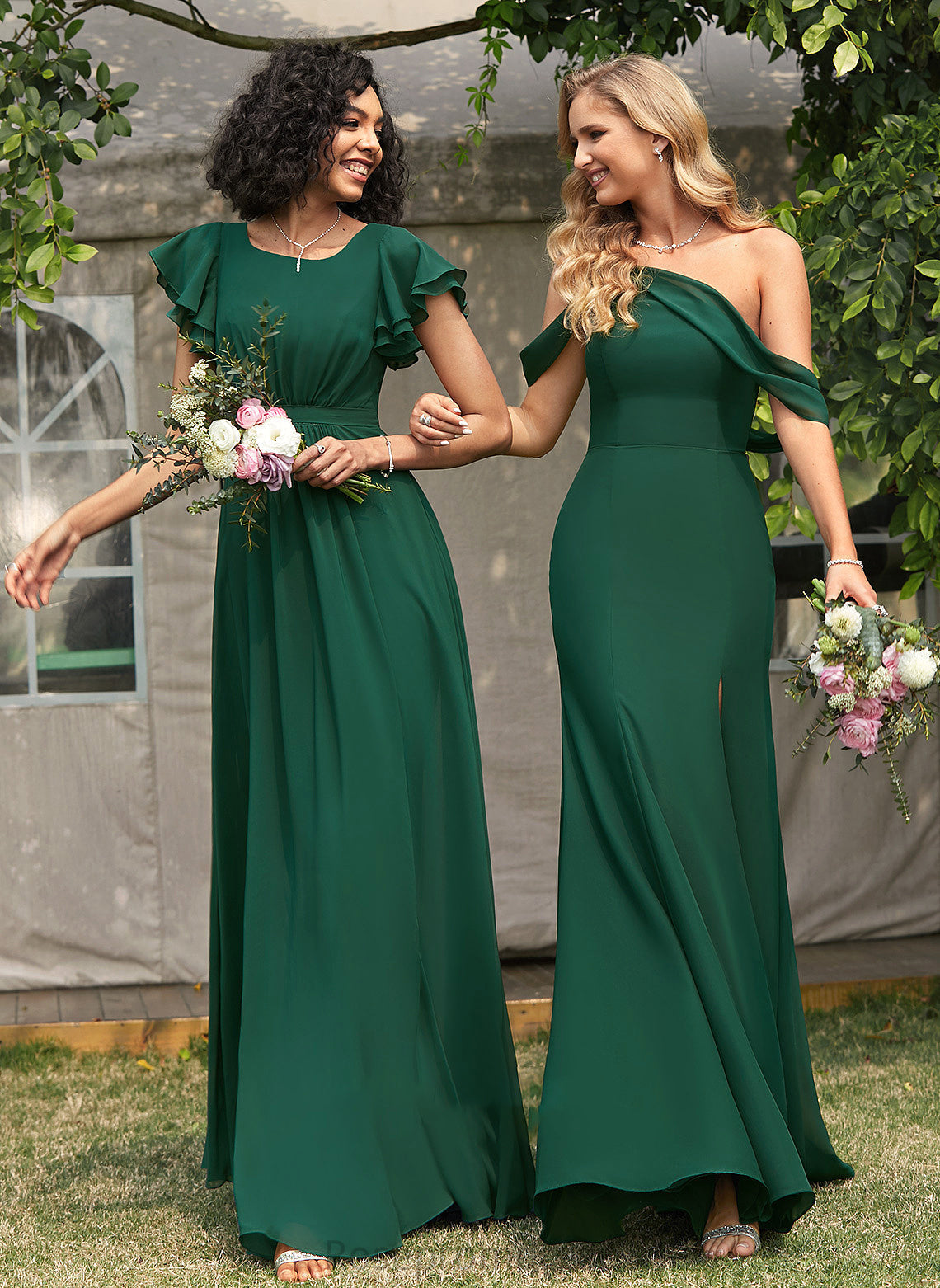 SplitFront Neckline Floor-Length Trumpet/Mermaid One-Shoulder Fabric Silhouette Length Embellishment Jaiden Bridesmaid Dresses