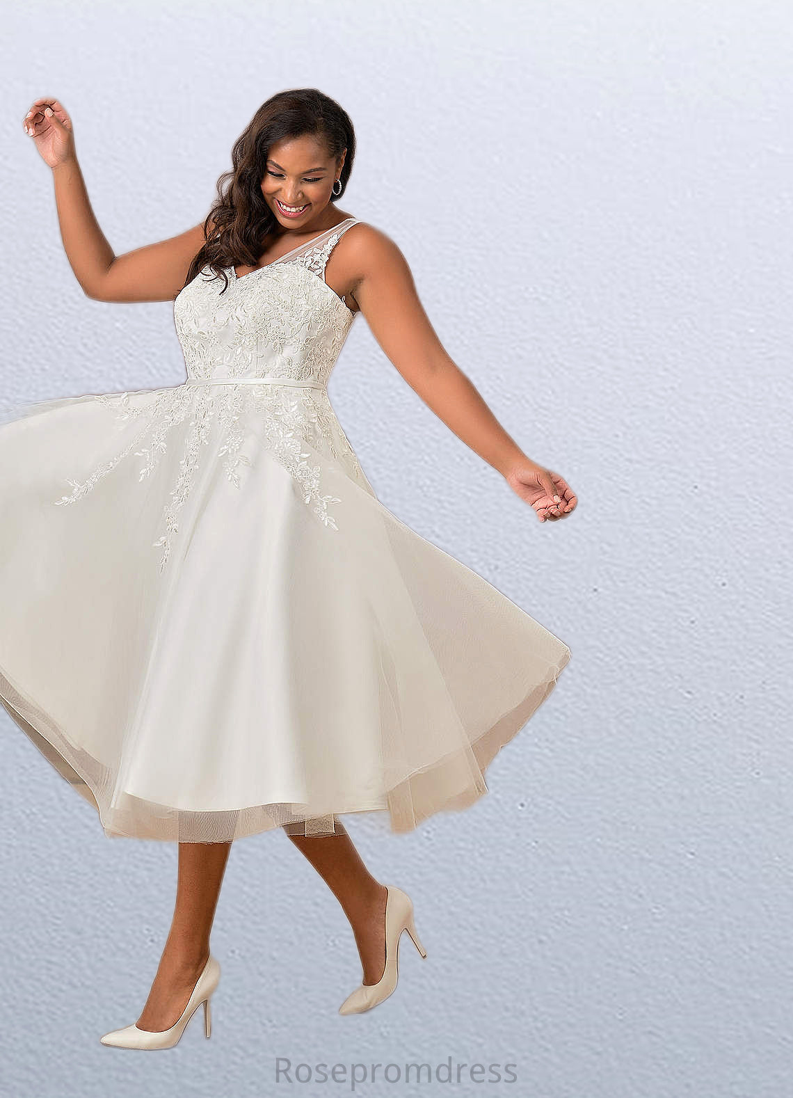 Polly A-Line Lace Satin Tea-Length Dress SRSP0020051