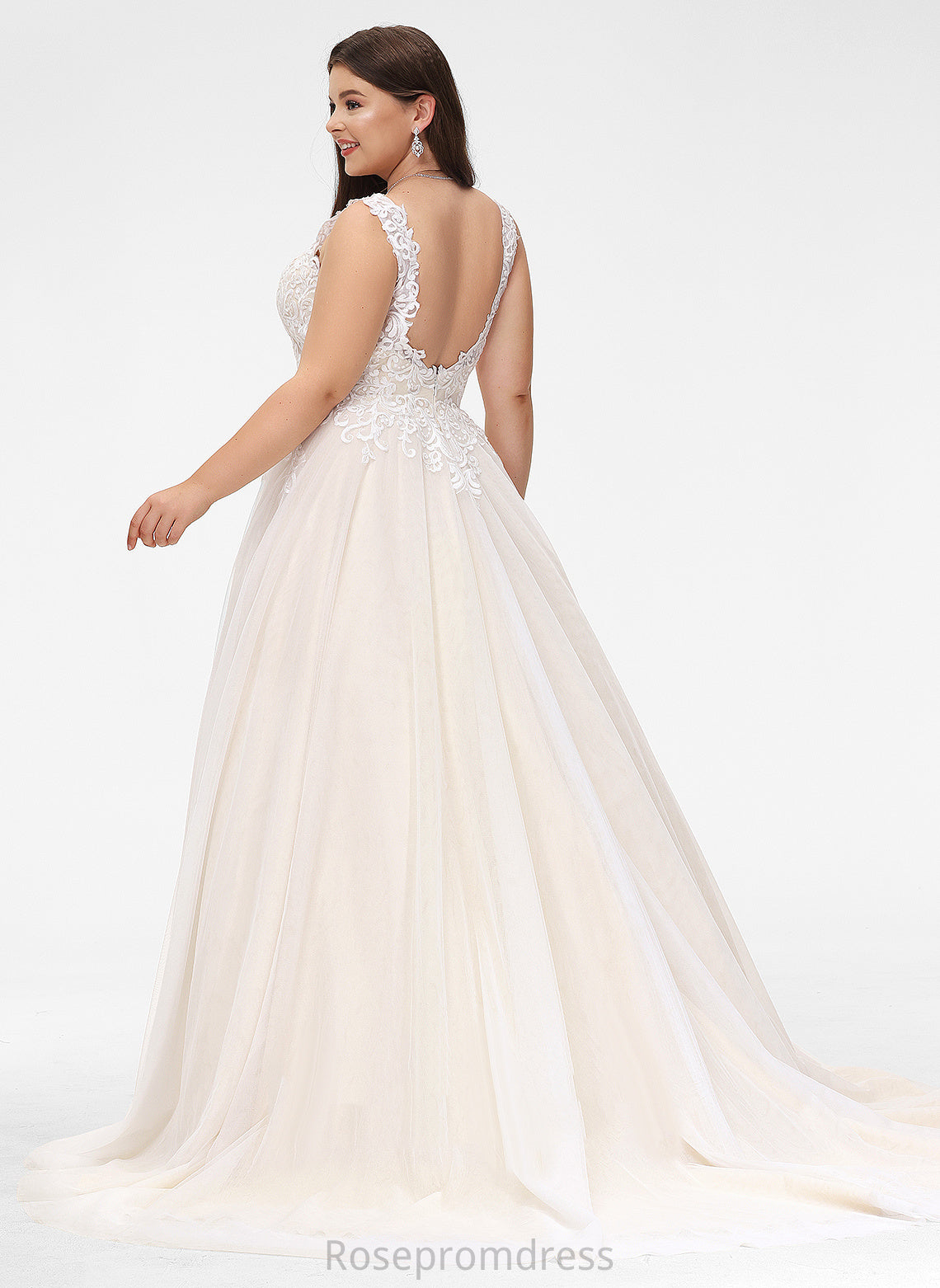 Court Tulle Coral Lace Train Wedding Dress Ball-Gown/Princess V-neck Wedding Dresses