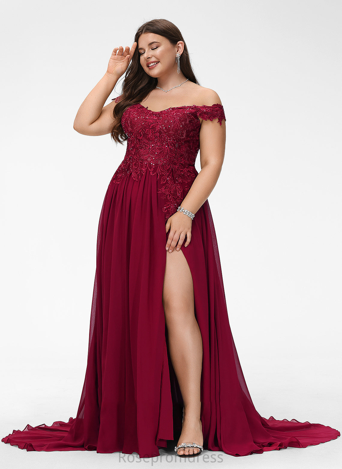Off-the-Shoulder A-Line Prom Dresses Train Chiffon Lace Kaydence Sweep With Sequins