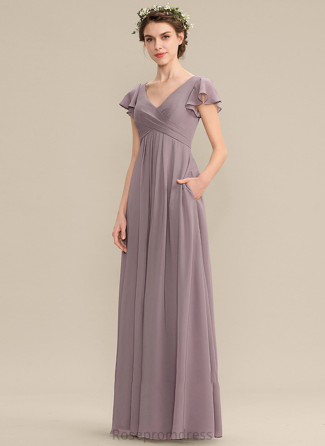A-Line Length Embellishment Pockets Neckline CascadingRuffles Silhouette Floor-Length V-neck Fabric Cameron Bridesmaid Dresses