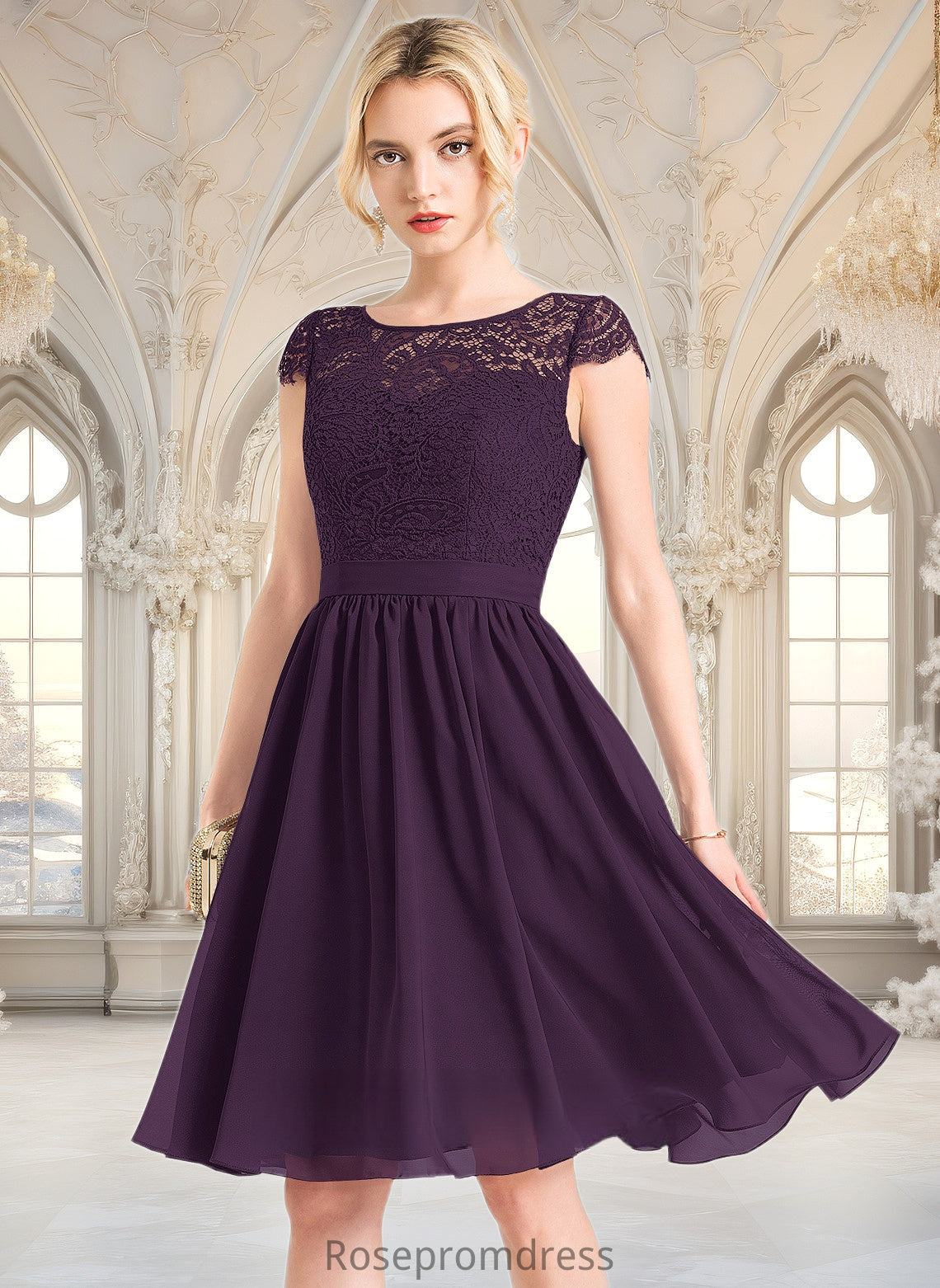 Zoey A-line Scoop Knee-Length Lace Chiffon Homecoming Dress DSP0025698