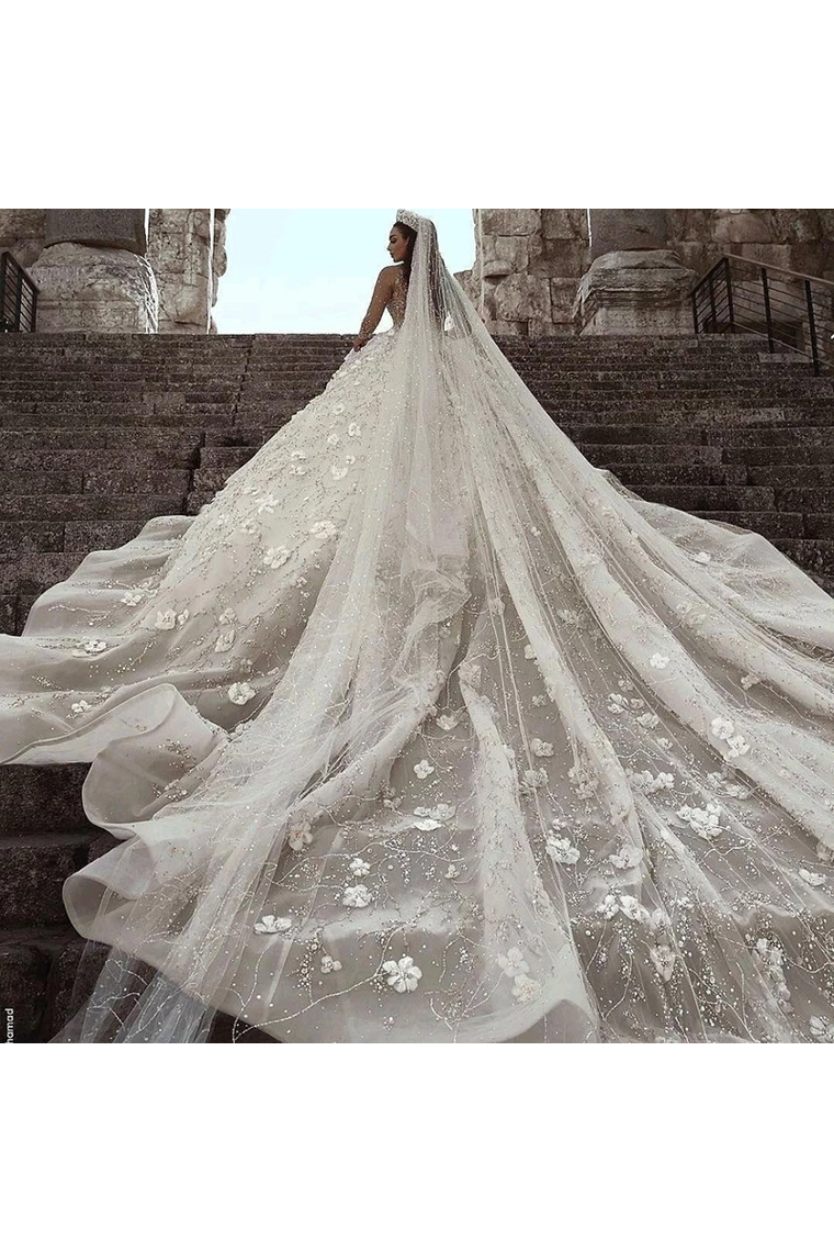 Gorgeous Long Sleeves Flowers Ball Gown Wedding Dress With Sequin Beaded