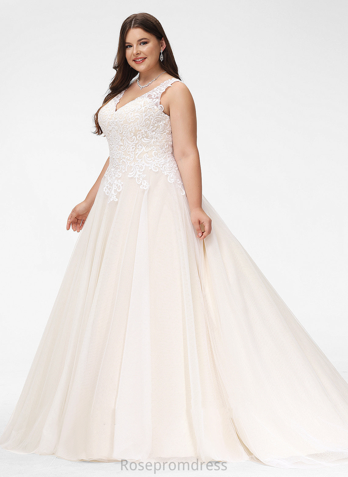 Court Tulle Coral Lace Train Wedding Dress Ball-Gown/Princess V-neck Wedding Dresses