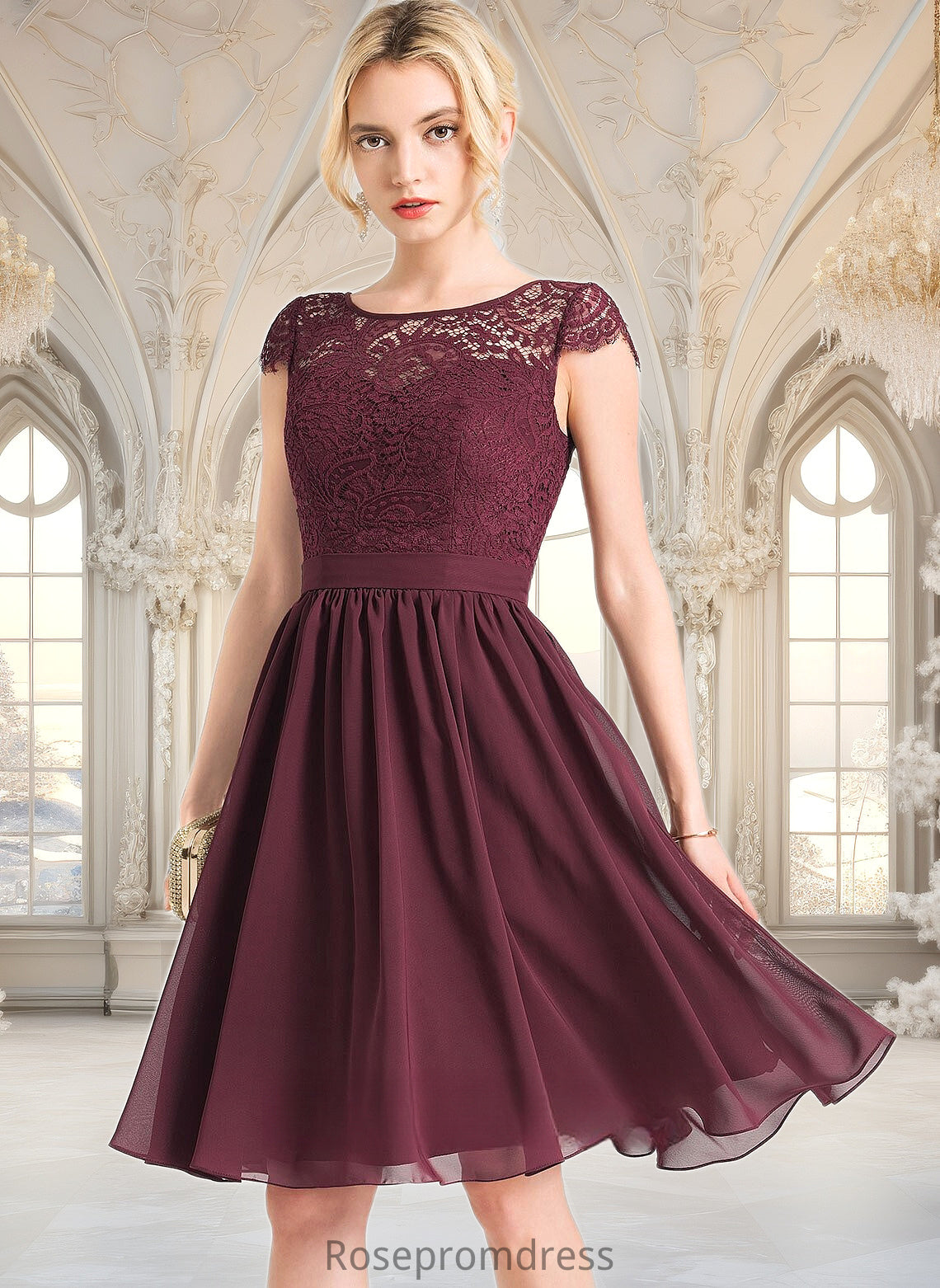 Zoey A-line Scoop Knee-Length Lace Chiffon Homecoming Dress DSP0025698