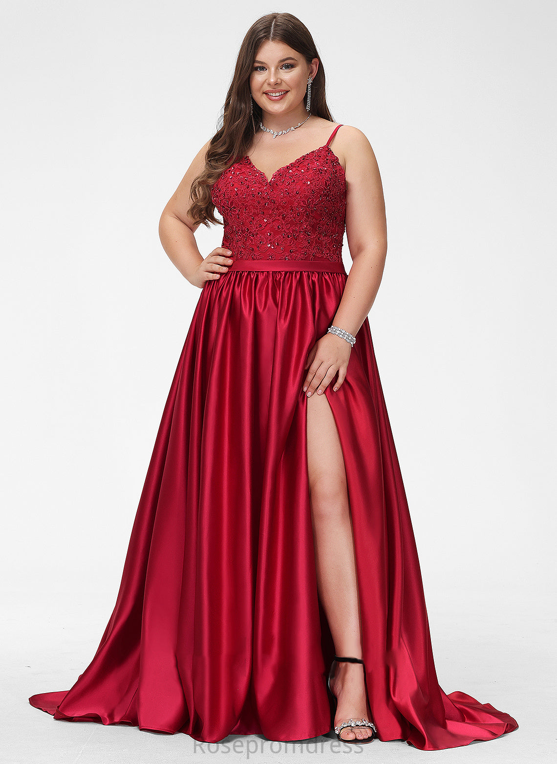 Satin Ball-Gown/Princess V-neck Front Prom Dresses Train Adyson Beading Split Sweep Sequins With