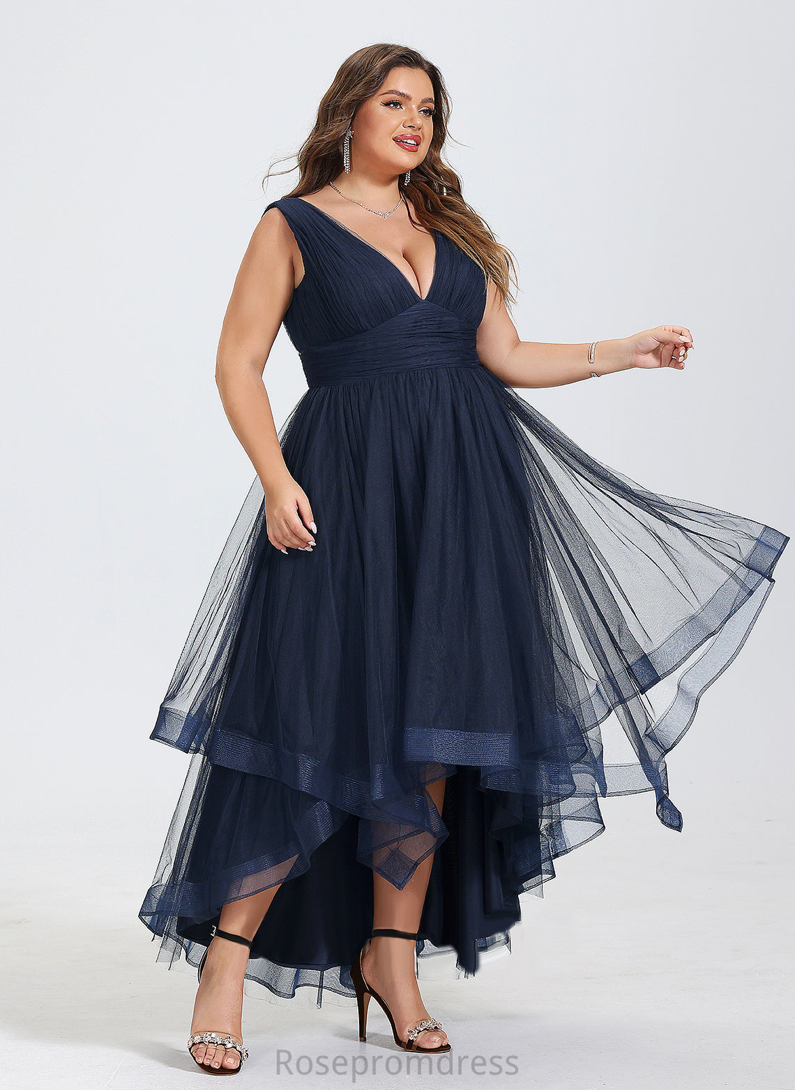 Tulle Pleated V-neck A-Line With Cascading Dress Asymmetrical Cocktail Cocktail Dresses Ruffles Nina