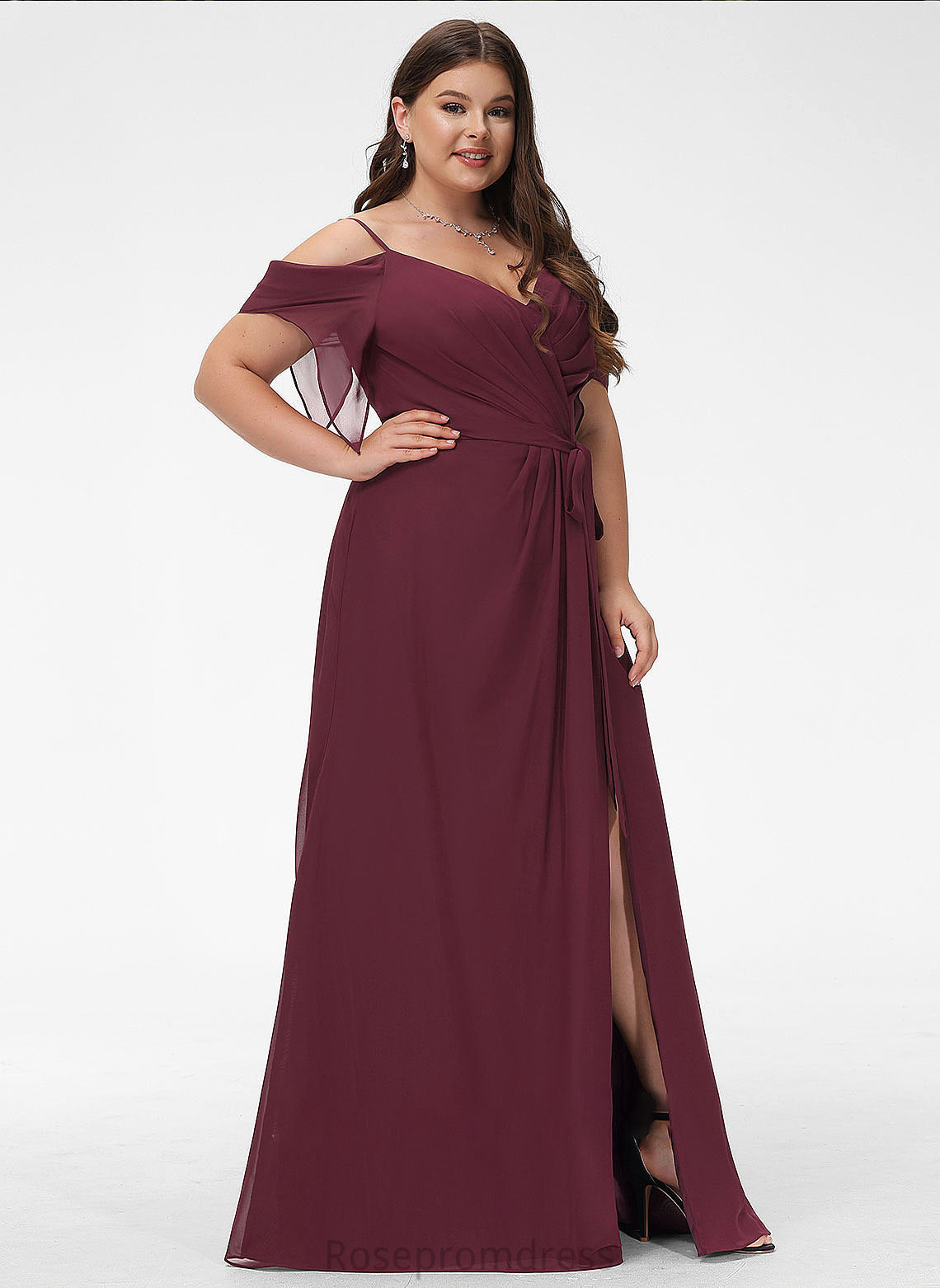 Fabric Floor-Length Ruffle Embellishment Neckline A-Line V-neck Length SplitFront Silhouette Kassandra Halter Bridesmaid Dresses