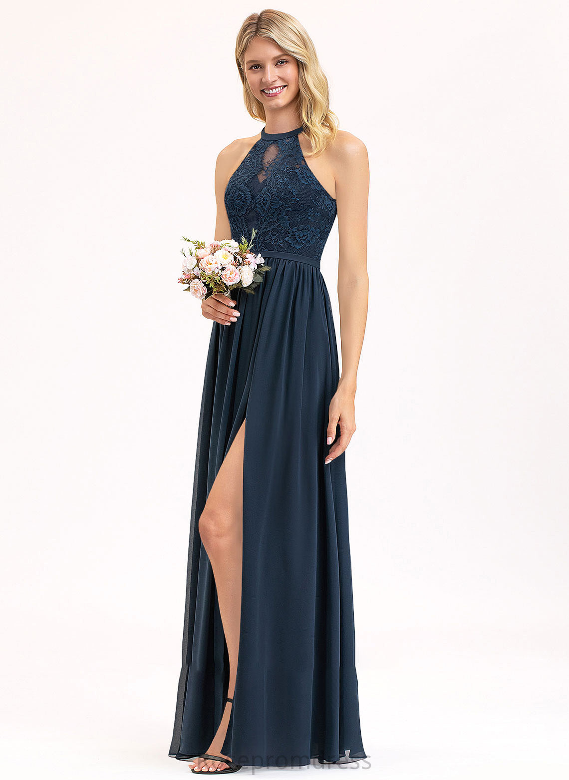 A-Line Fabric Floor-Length Neckline Silhouette SplitFront ScoopNeck Embellishment Length Marisa Short Sleeves Scoop Bridesmaid Dresses