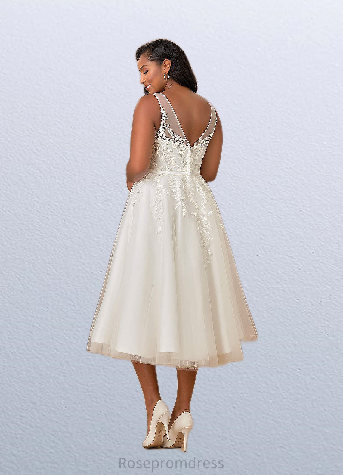 Polly A-Line Lace Satin Tea-Length Dress SRSP0020051