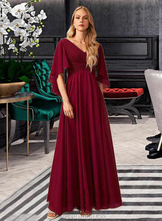 Micah A-Line V-neck Floor-Length Bridesmaid Dress With Ruffle SRSP0012769