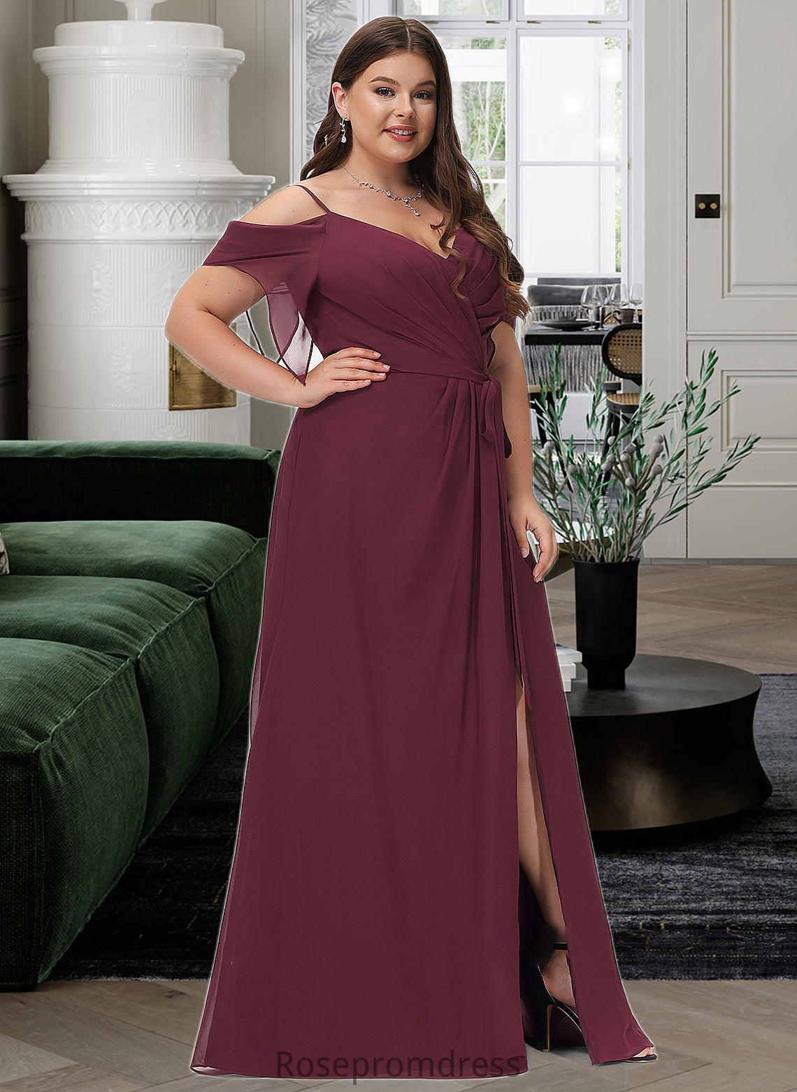Taniyah A-Line V-neck Floor-Length Bridesmaid Dress With Ruffle Split Front SRSP0012772