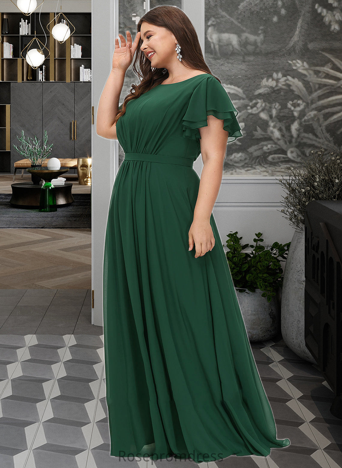 Celeste A-Line Scoop Neck Floor-Length Bridesmaid Dress With Ruffle SRSP0012773