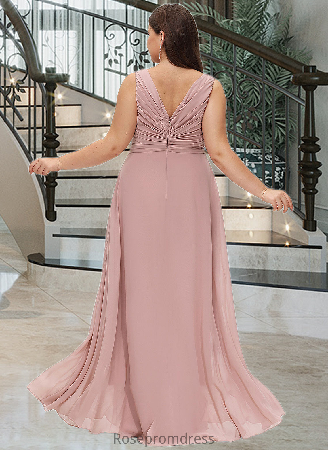 Isabell A-Line V-neck Floor-Length Chiffon Bridesmaid Dress With Ruffle SRSP0012774