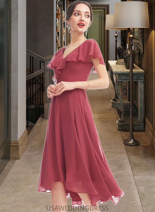 Taryn A-Line V-neck Asymmetrical Bridesmaid Dress With Ruffle DSP0012775