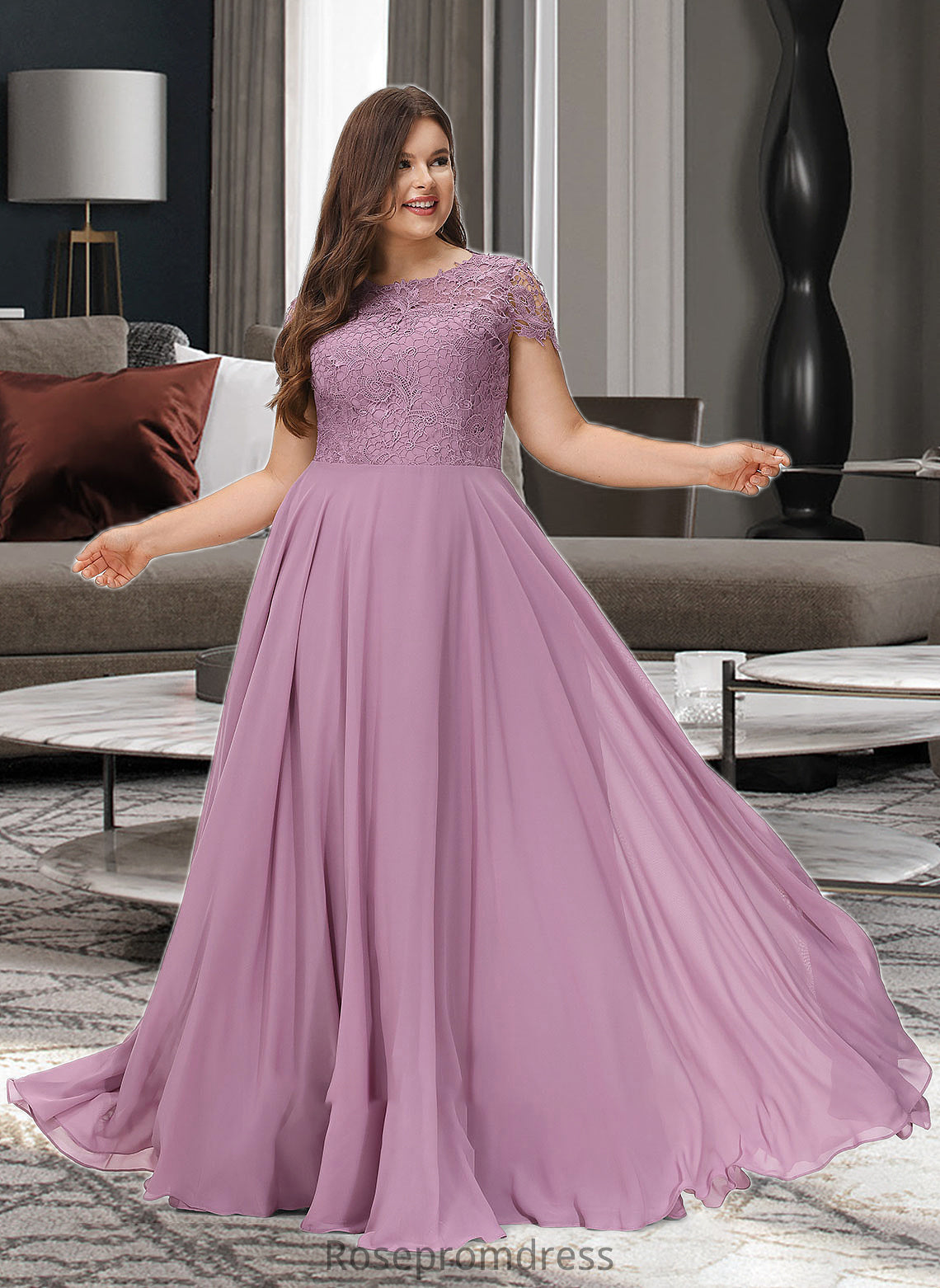 Madeline A-Line Scoop Neck Floor-Length Chiffon Lace Bridesmaid Dress With Pockets SRSP0012776