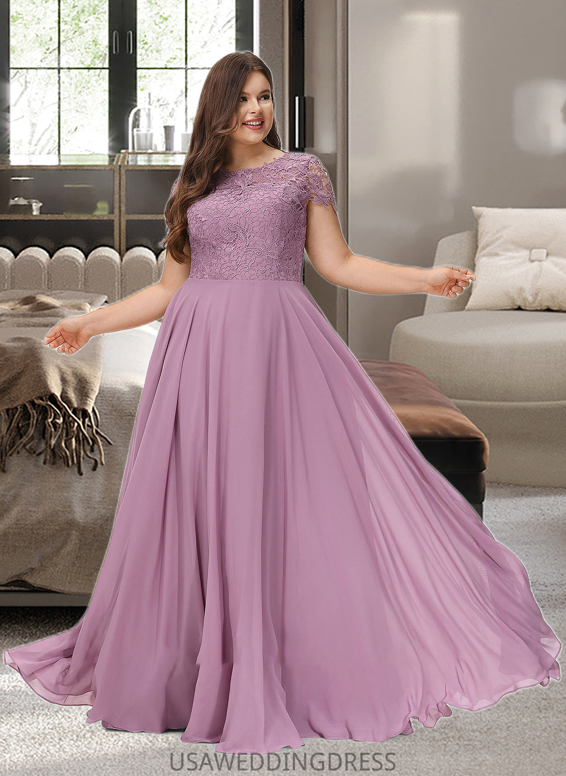 Amelie A-Line Scoop Neck Floor-Length Chiffon Lace Bridesmaid Dress With Pockets DSP0012776