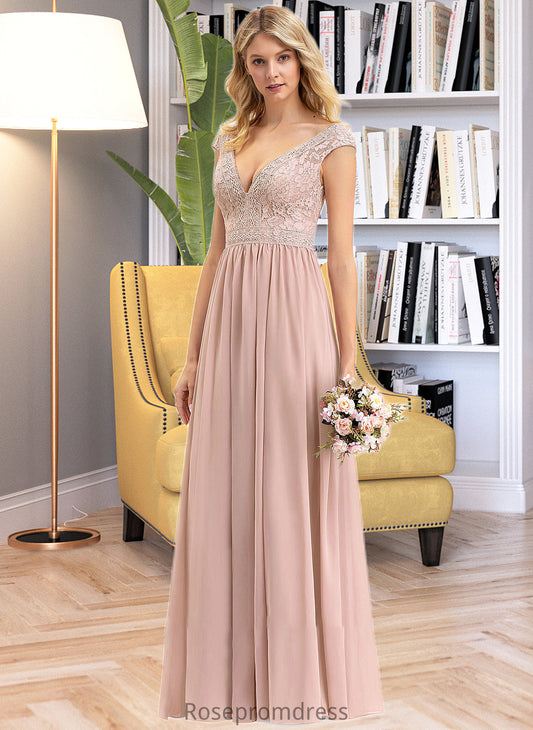 Camilla A-line V-Neck Floor-Length Chiffon Lace Bridesmaid Dress SRSP0012786