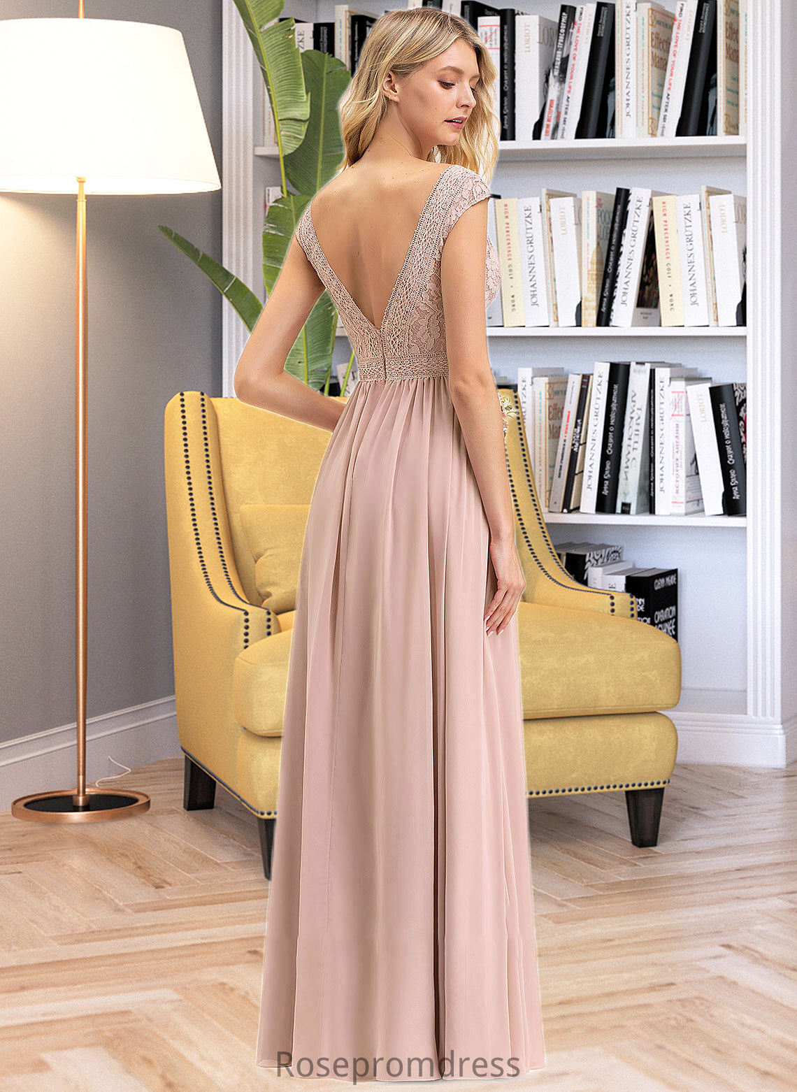 Camilla A-line V-Neck Floor-Length Chiffon Lace Bridesmaid Dress SRSP0012786