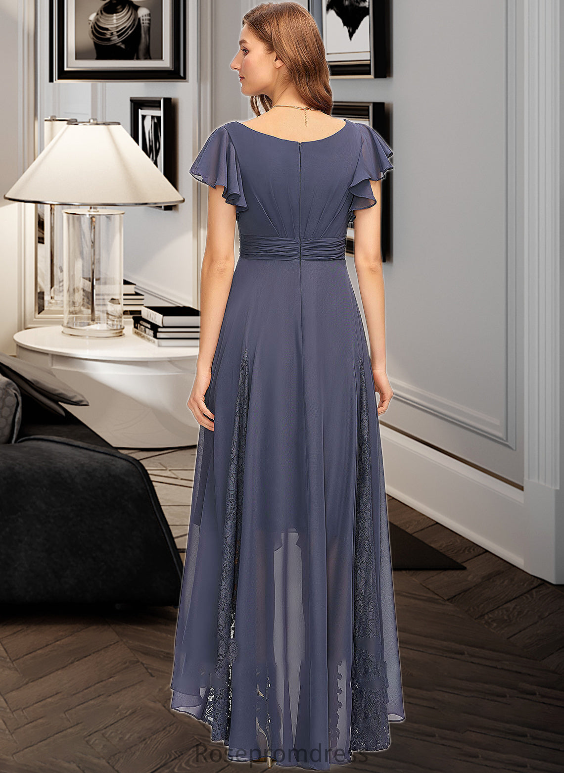 Haleigh A-Line V-neck Asymmetrical Chiffon Bridesmaid Dress With Ruffle Lace SRSP0012788