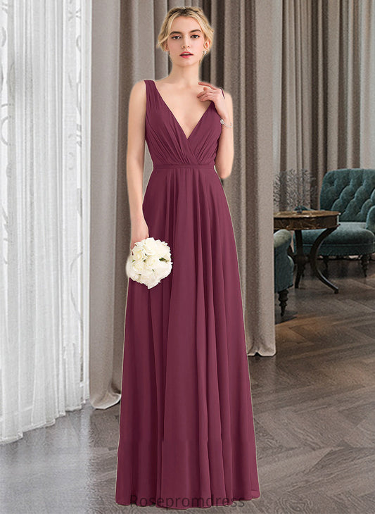 Marin A-Line V-neck Floor-Length Chiffon Bridesmaid Dress With Ruffle SRSP0012789