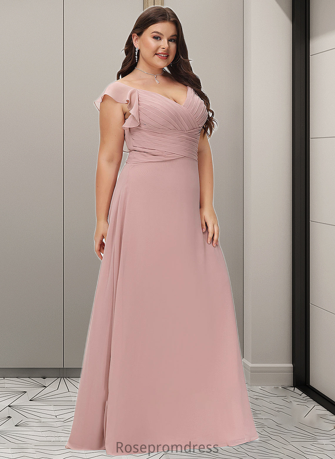 Taryn Empire V-Neck Floor-Length Chiffon Bridesmaid Dress With Cascading Ruffles SRSP0012790