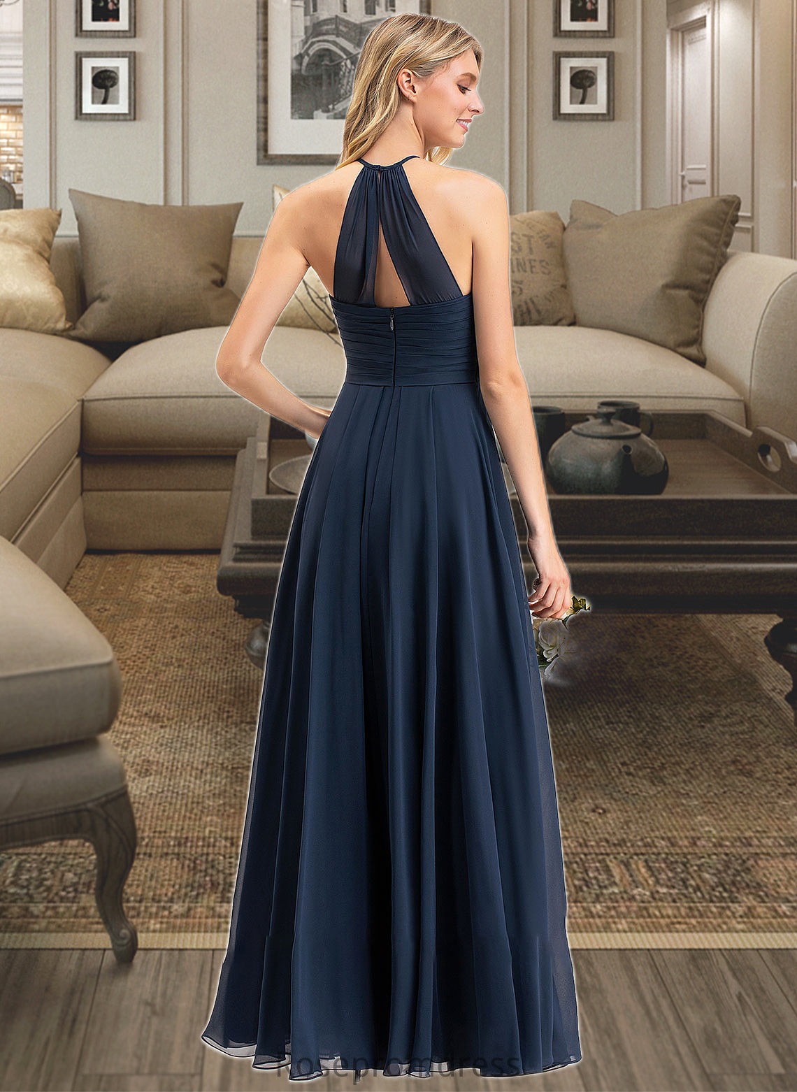 Kara A-Line Scoop Neck Floor-Length Chiffon Bridesmaid Dress With Ruffle SRSP0012793
