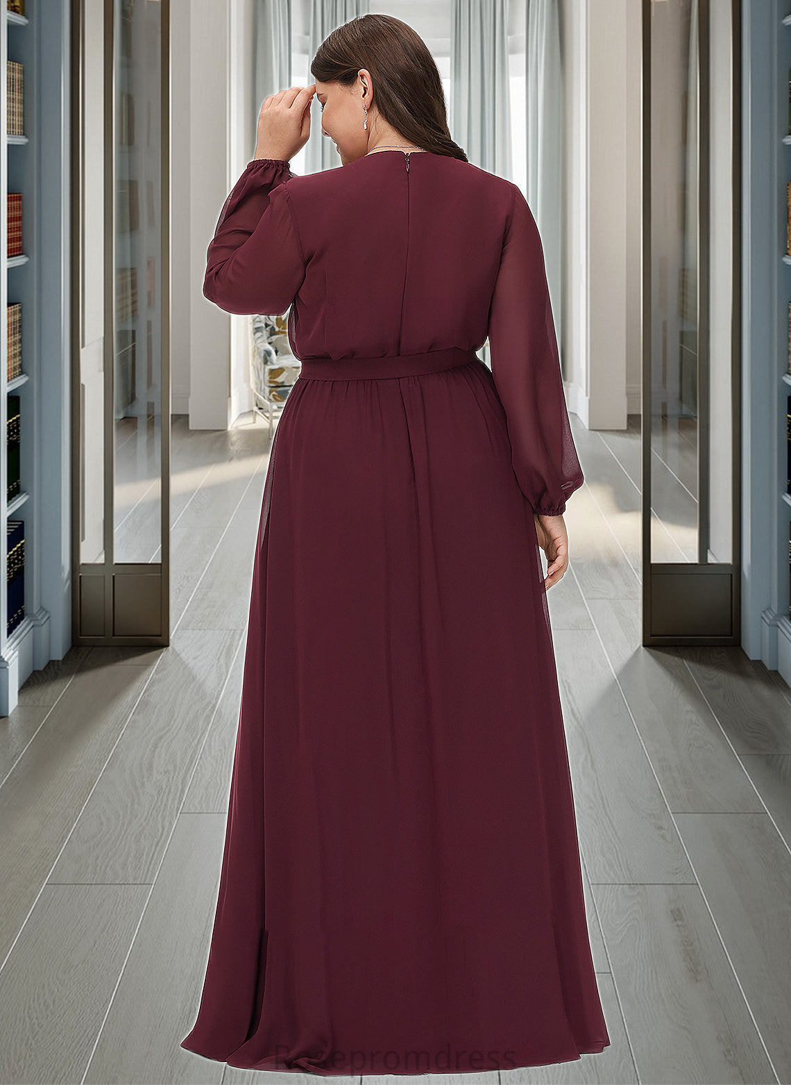 Pauline A-Line V-neck Floor-Length Chiffon Bridesmaid Dress With Ruffle Bow(s) Split Front SRSP0012795