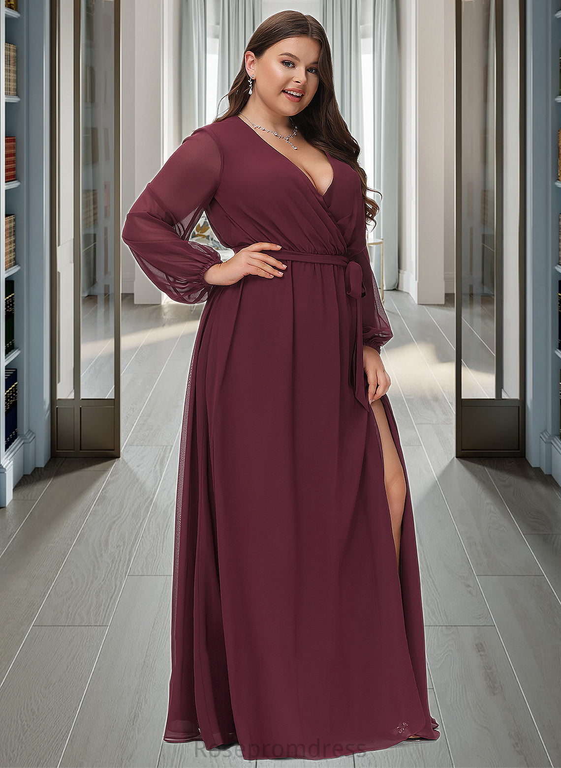 Pauline A-Line V-neck Floor-Length Chiffon Bridesmaid Dress With Ruffle Bow(s) Split Front SRSP0012795