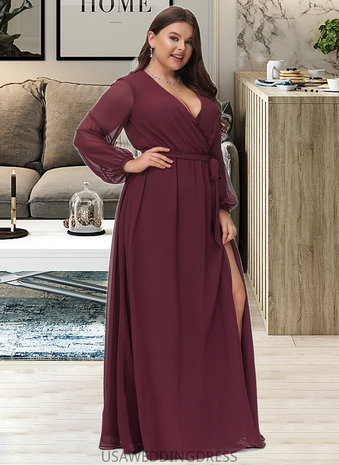 Winifred A-Line V-neck Floor-Length Chiffon Bridesmaid Dress With Ruffle Bow(s) Split Front DSP0012795