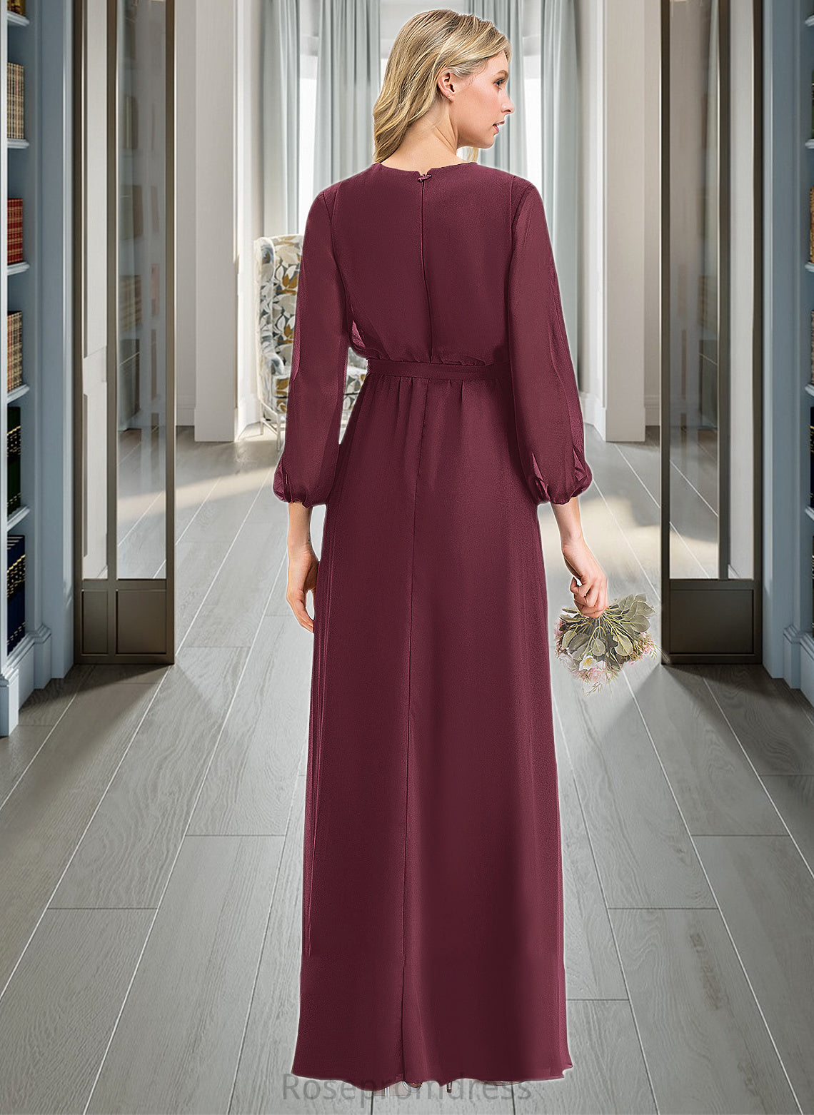 Pauline A-Line V-neck Floor-Length Chiffon Bridesmaid Dress With Ruffle Bow(s) Split Front SRSP0012795