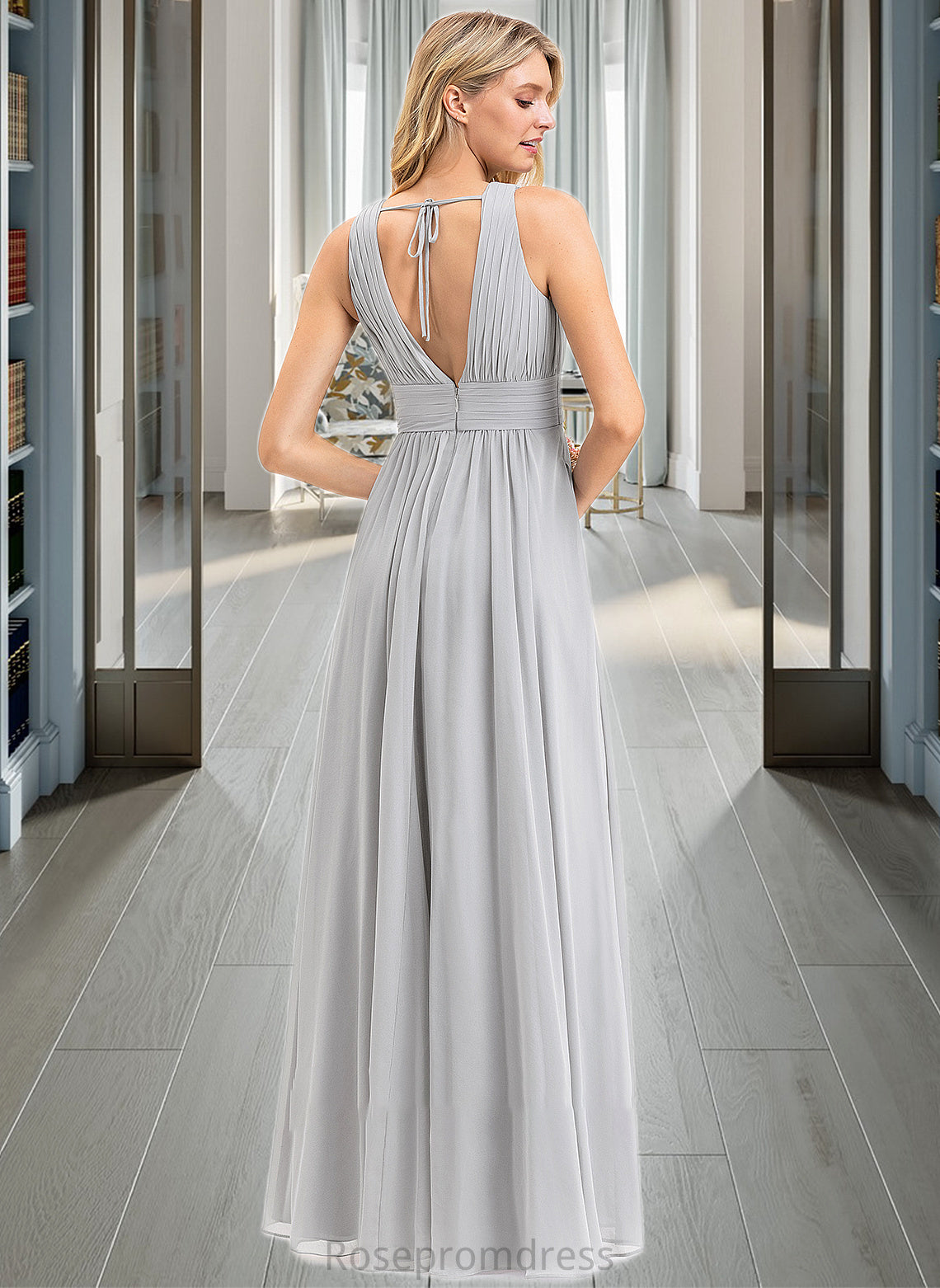 Kaydence A-Line V-neck Floor-Length Chiffon Bridesmaid Dress With Ruffle Bow(s) Pockets SRSP0012797