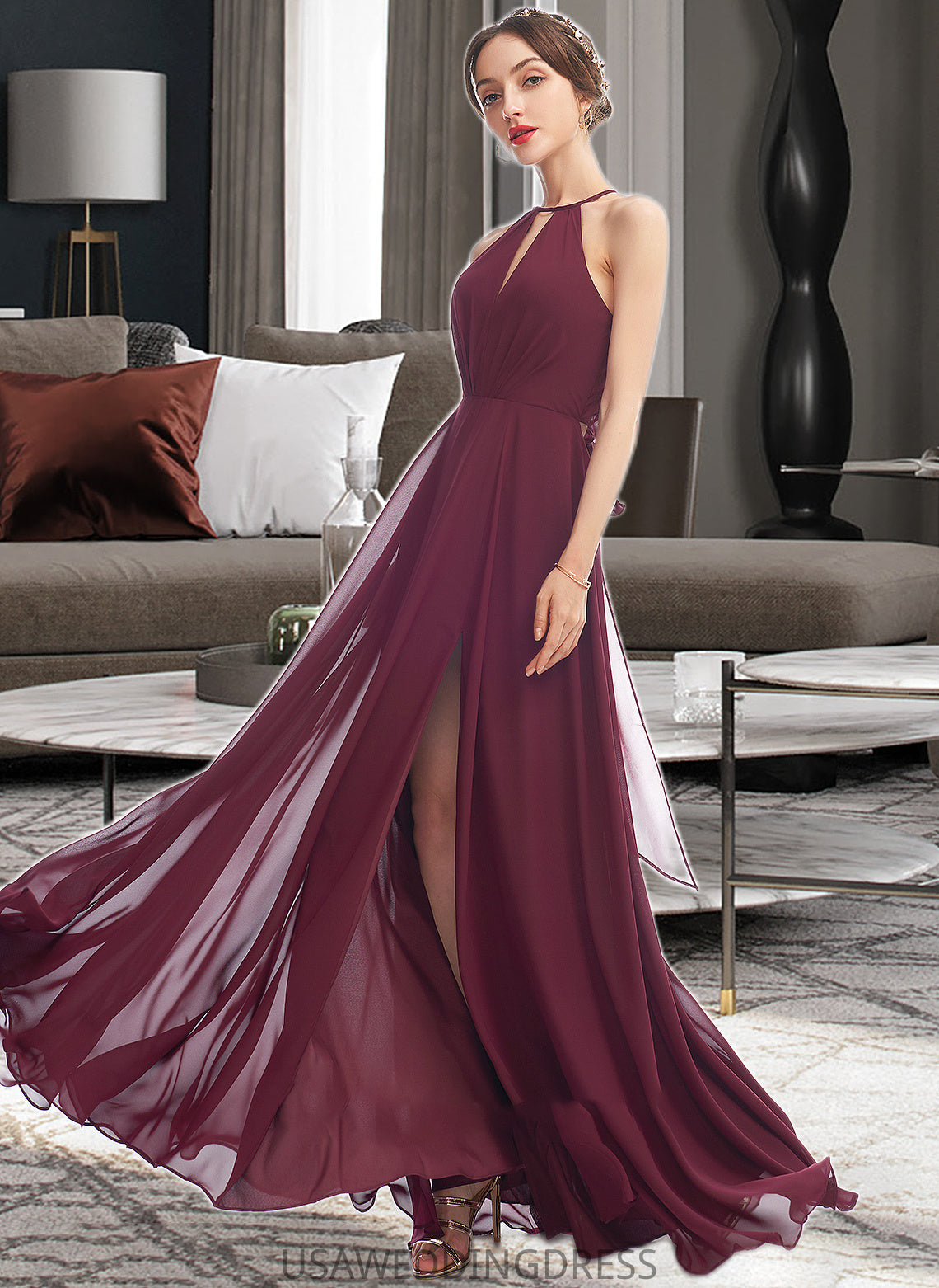 Cierra A-Line Halter Floor-Length Bridesmaid Dress With Split Front DSP0012798