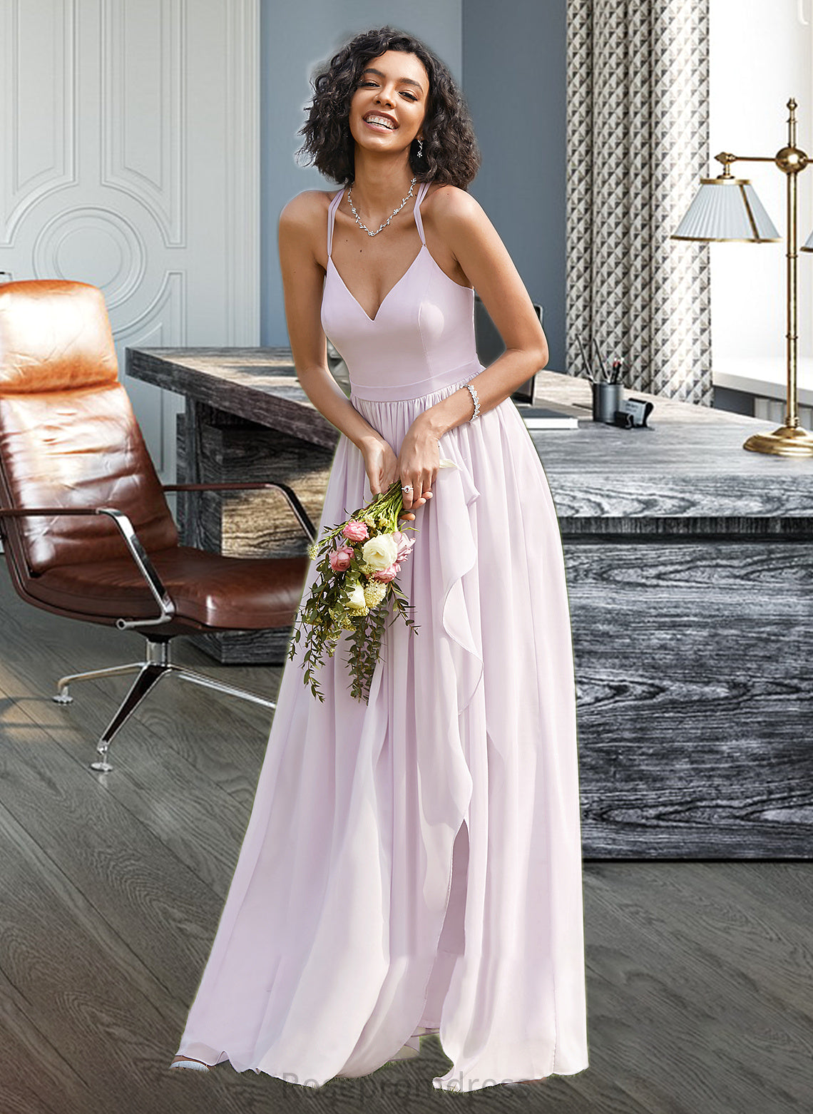 Ximena A-Line V-neck Asymmetrical Bridesmaid Dress With Ruffle Split Front SRSP0012799