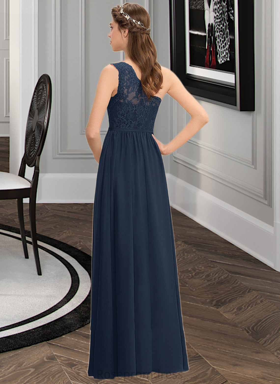 Dominique A-Line One-Shoulder Floor-Length Chiffon Lace Bridesmaid Dress With Split Front SRSP0012808